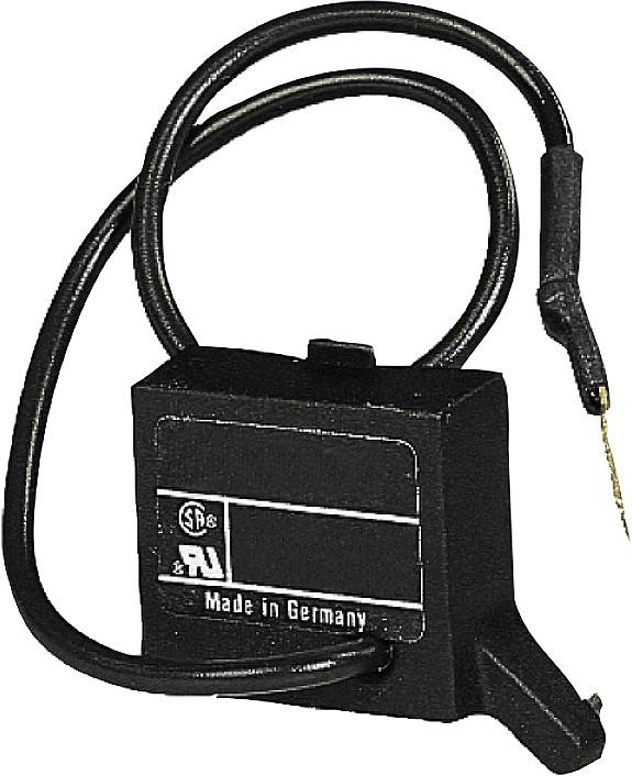 Electronic component with two cables, rectangular shape, inscription 'Made in Germany'. Suitable for electrical applications.