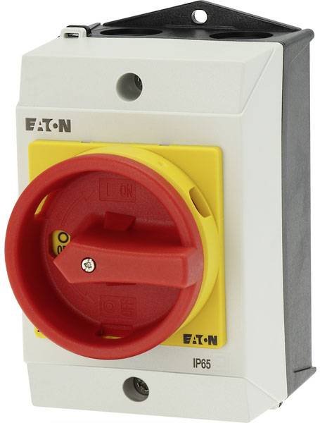 A red rotary switch with a yellow background and 'Eaton' inscription, mounted in a grey enclosure. Protection type IP65.