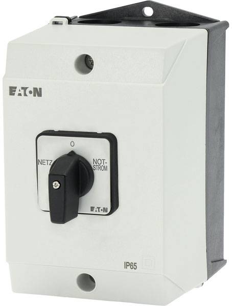 A grey control cabinet with a black rotary switch in the centre. Labelling: 'Mains 1', 'Emergency Stop', Protection Class IP65.