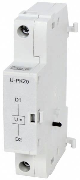 A white electrical switching device with the inscription 'U-PKZ0', shown with two screw openings at the top and bottom.
