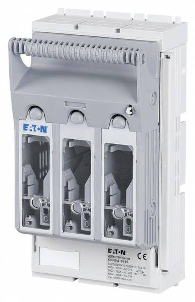 A three-pole fuse holder by Eaton, for mounting on a DIN rail, for use in electrical control cabinets.