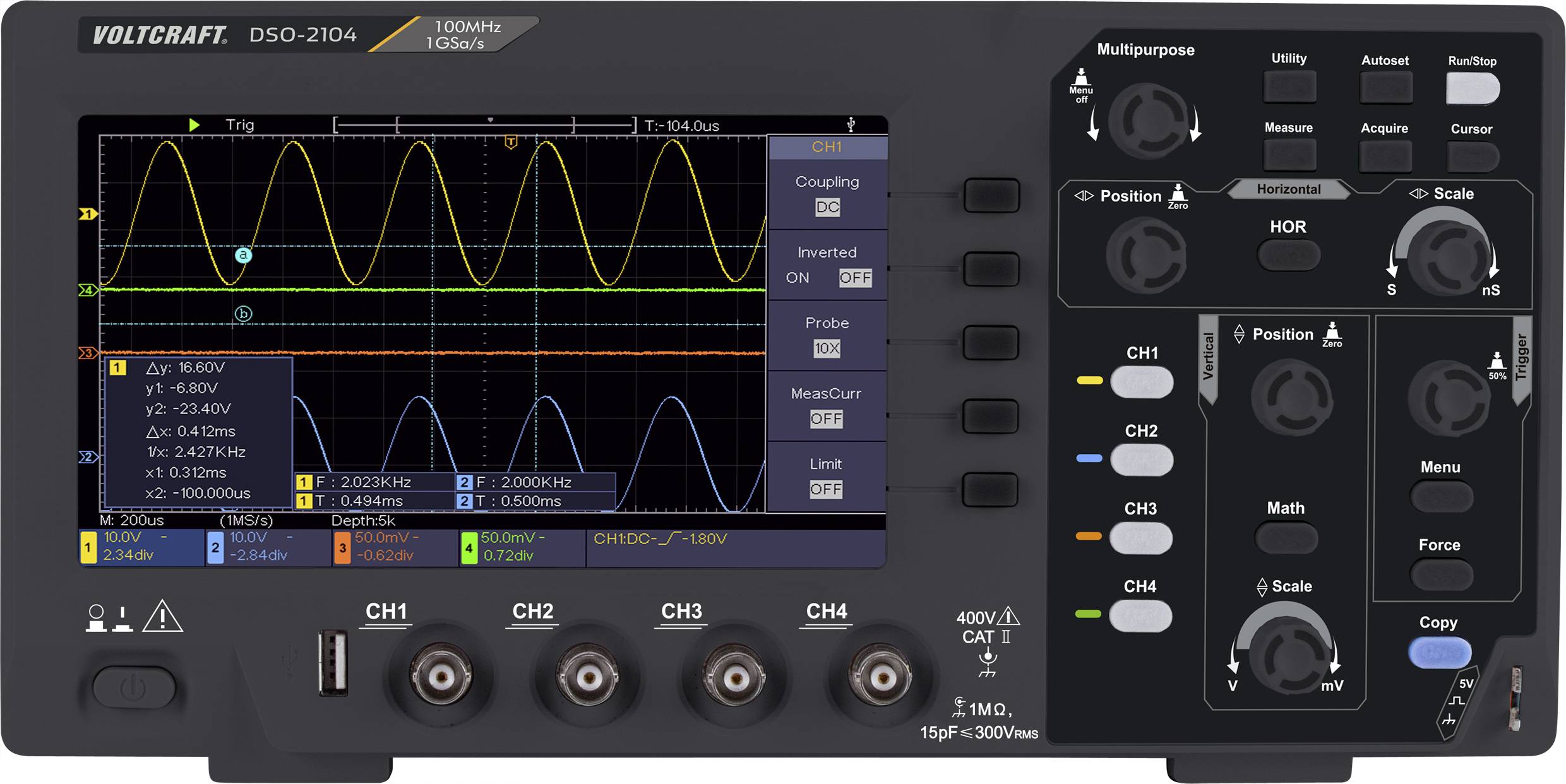 An oscilloscope display shows waveform diagrams in multiple colours, with axis labels and data in MHz. On the left, four input channels.