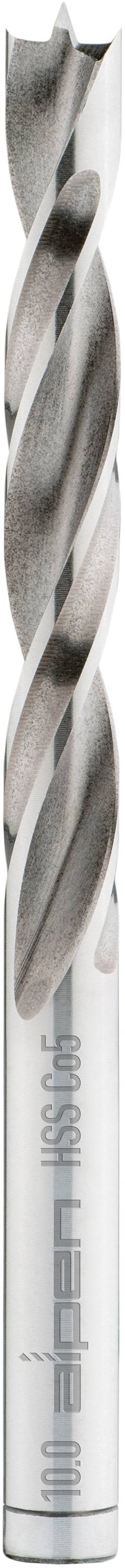 Metallic drill with a spiral cutting edge. Markings and a scale are visible on the surface.