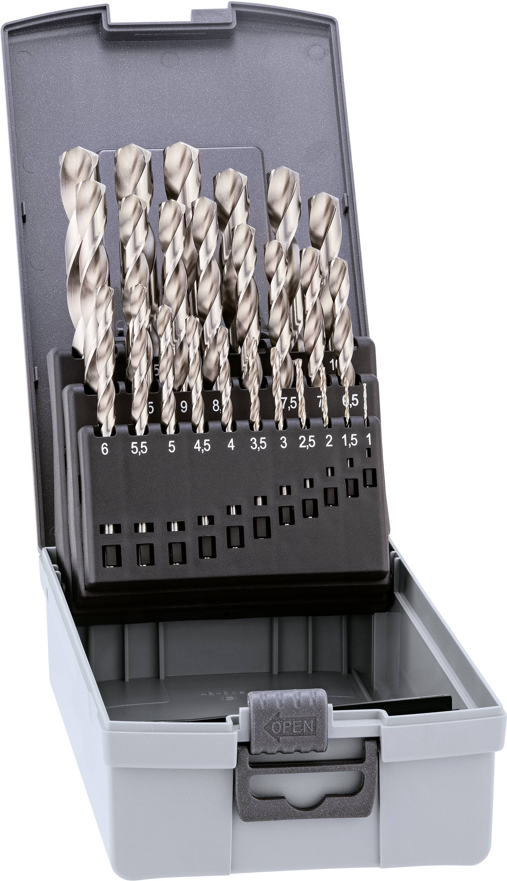 Set of metal drill bits in various sizes in an open grey plastic container.