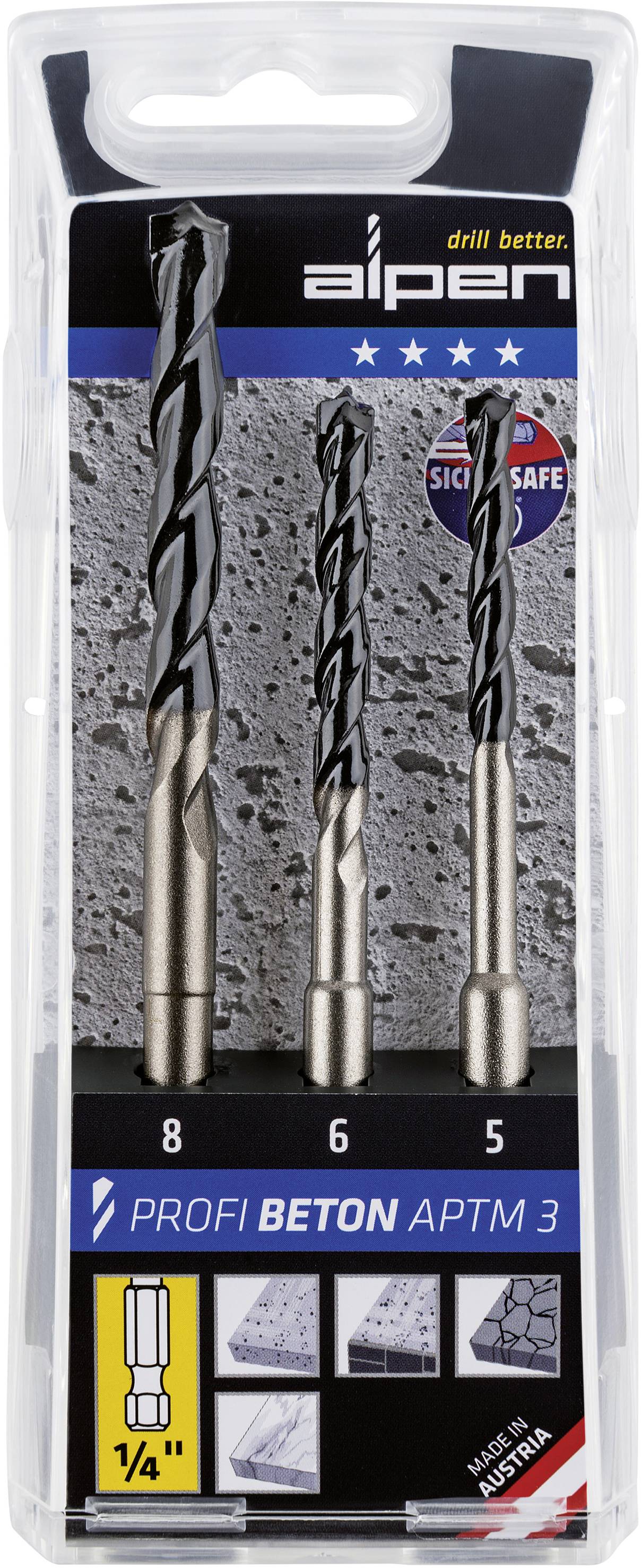 'Three drill bits in one package: Sizes 8, 6, 5. Suitable for concrete. Brand name 'Alpen' at the top, origin 'Made in Austria'.'