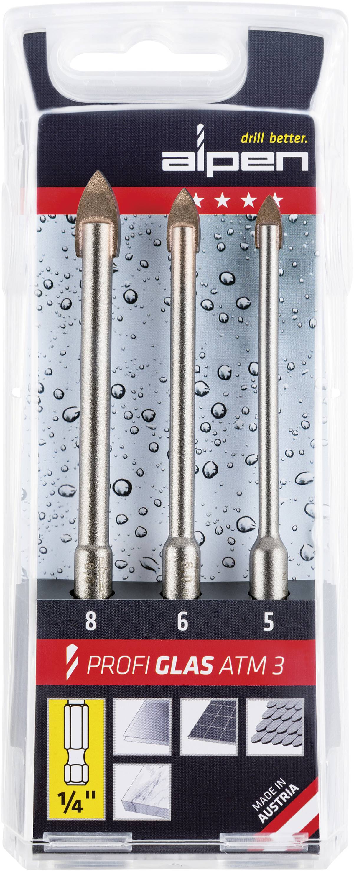 Packaging containing three glass drill bits in sizes 8, 6 and 5 mm, Alpen brand, suitable for glass and ceramic, manufactured in Austria.