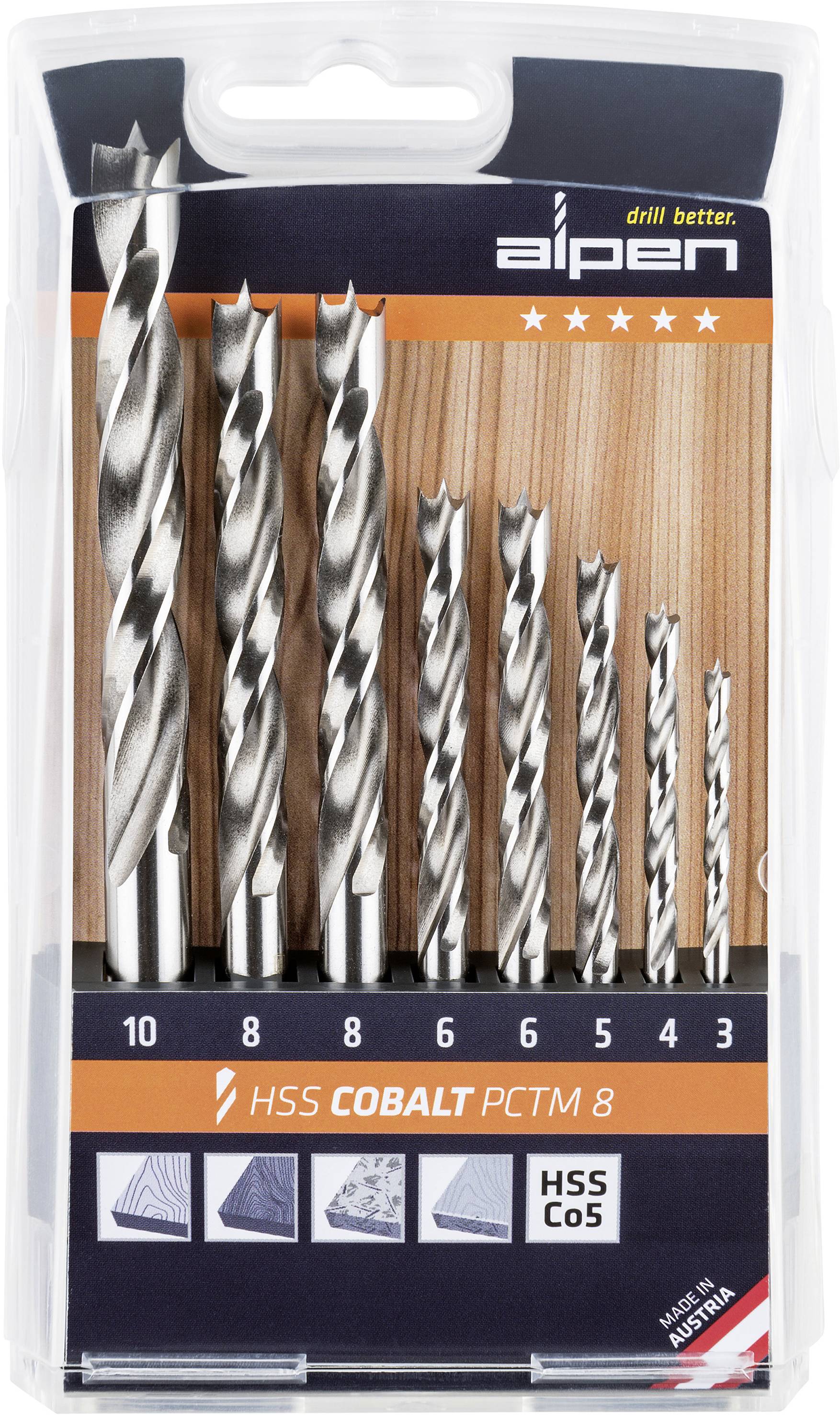 Set of HSS Cobalt drill bits in various sizes, from 10 to 3. Packed in transparent box. Brand: alpen, Manufactured in Austria.