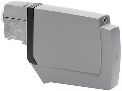 A rectangular, grey device with a silver-coloured metal part and a smaller connection on the top surface.