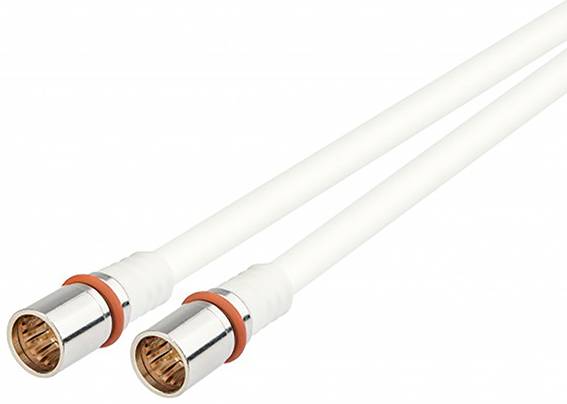 Two white coaxial cables with silver connectors and orange accents.