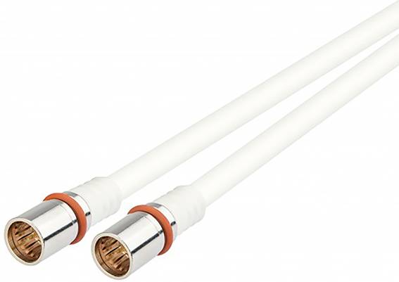 Two white coaxial cables with metal connectors and red rings, used for TV or internet connections.