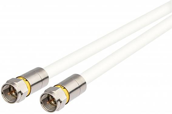 Two white coaxial cables with silver connectors. Ideal for TV and internet connections.