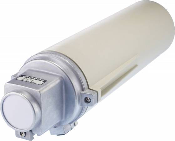 Cylindrical, beige device with a silver metal part, possibly a technical component or filtration unit.