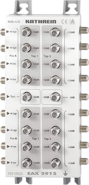 Kathrein distributor block with 12 F-connectors, Model EAX 2912, for satellite and terrestrial signals. Includes attenuation values.