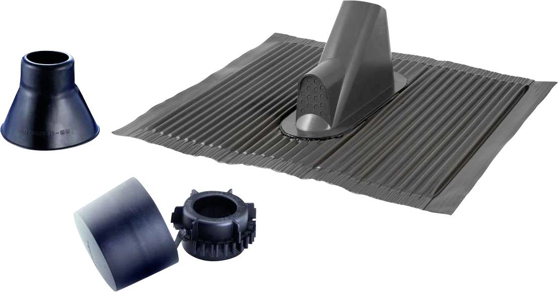 Roof ventilation system consisting of several plastic components, including a ventilation pipe, a sleeve, and a roof penetration.