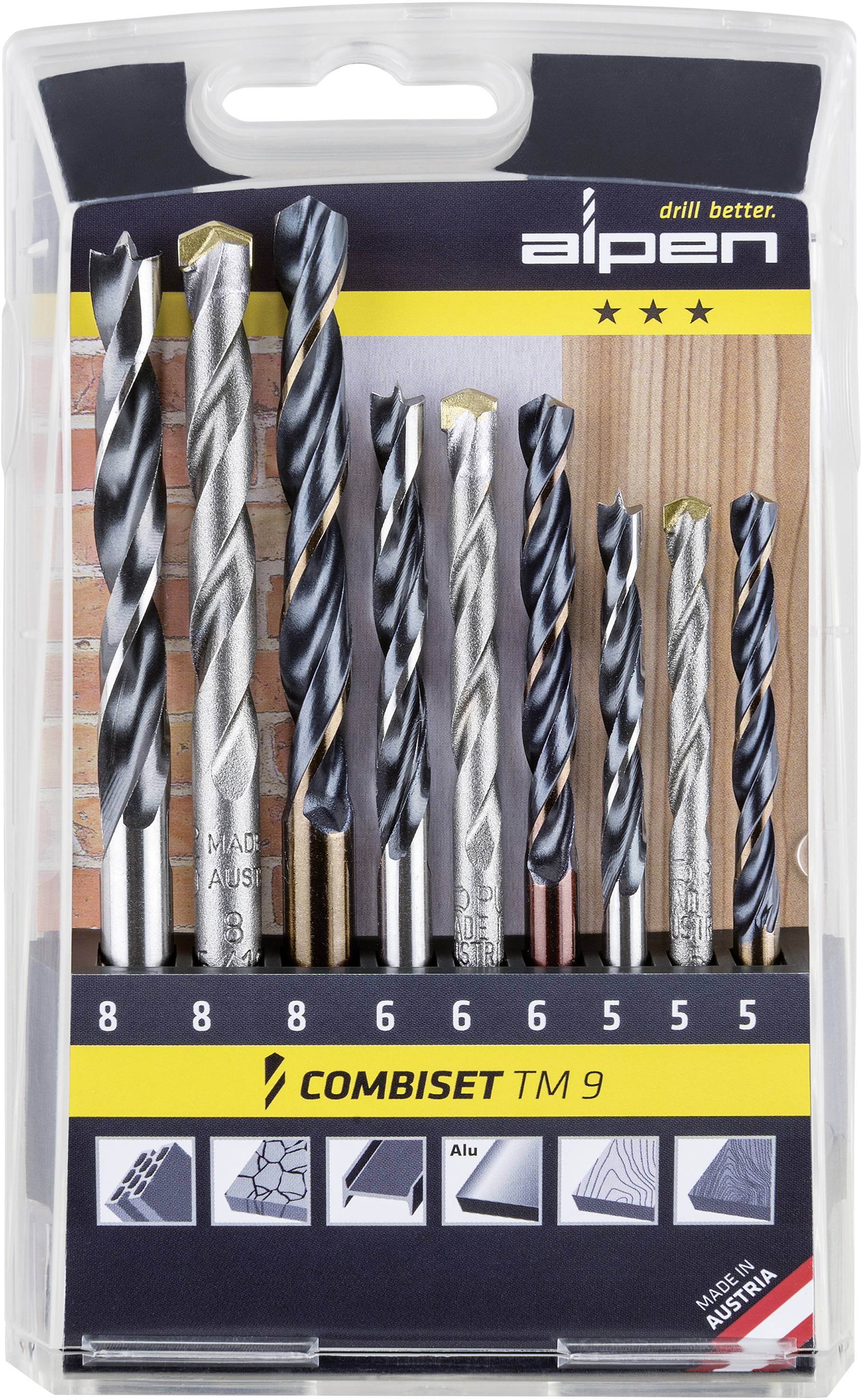 Set of drill bits for various materials, including bricks and metal, in packaging. Alpen brand name top right.