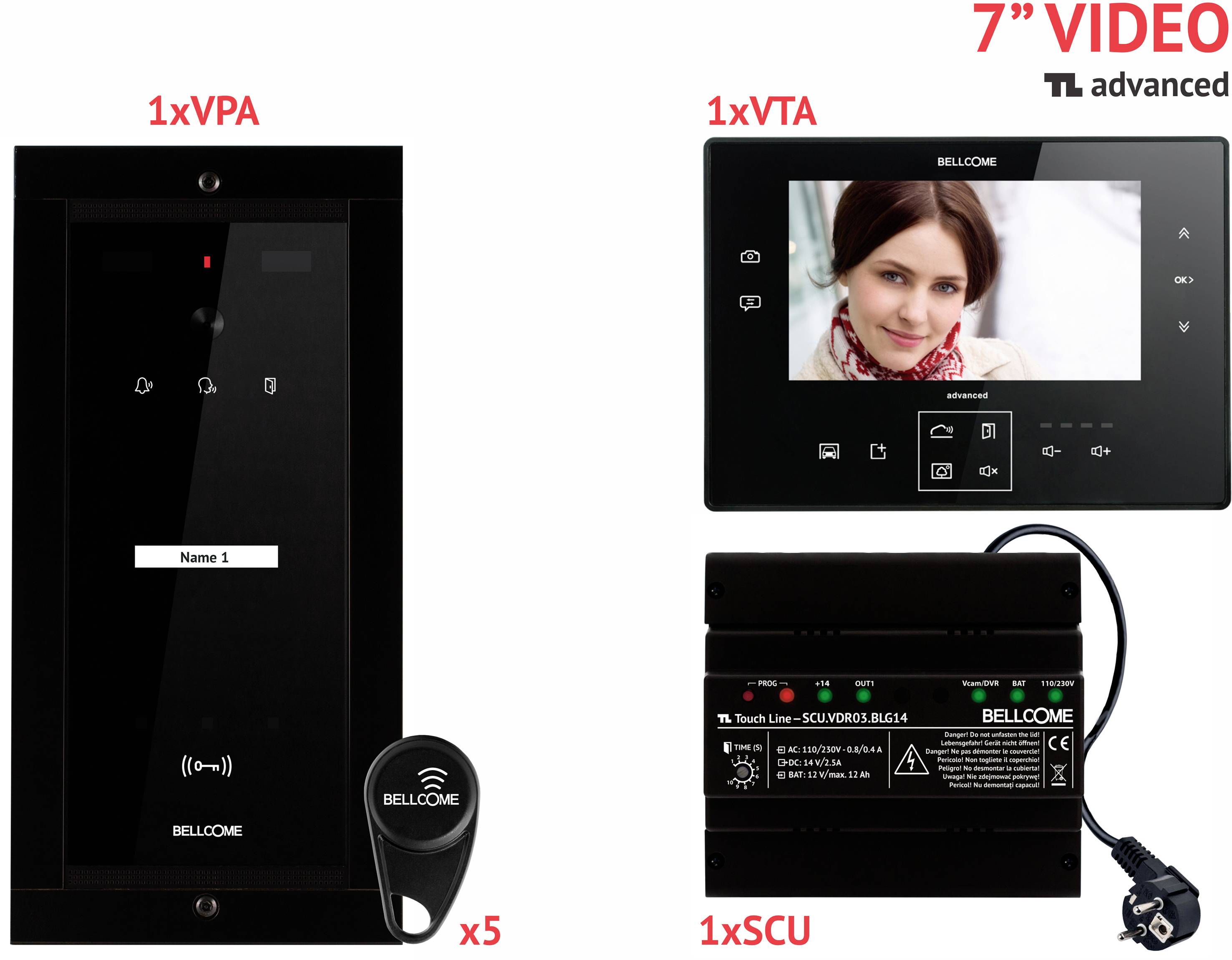 Bellcome Advanced 7" Video-Kit 1 Familie Video door intercom Corded Complete kit 8-piece Black