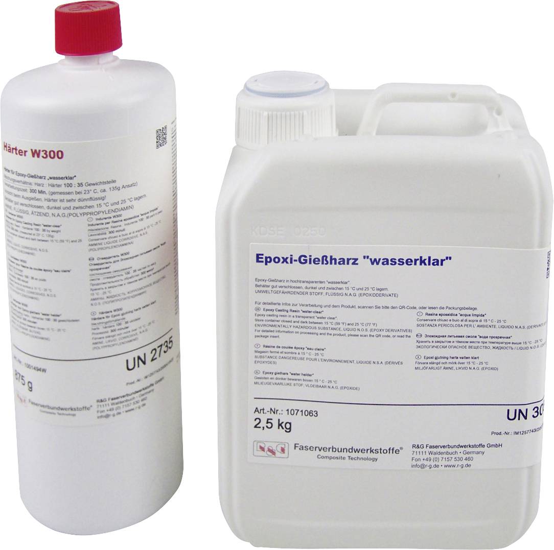 Two bottles with labels: left bottle 'Hardener W300', right bottle 'Epoxy Casting Resin Crystal Clear'. Both chemical products.