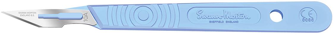 A pale blue scalpel with a stainless steel blade, suitable for medical or surgical applications.