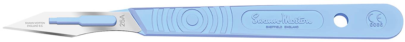 A disposable scalpel with a blue plastic handle and stainless steel blade, used in medical or scientific applications.