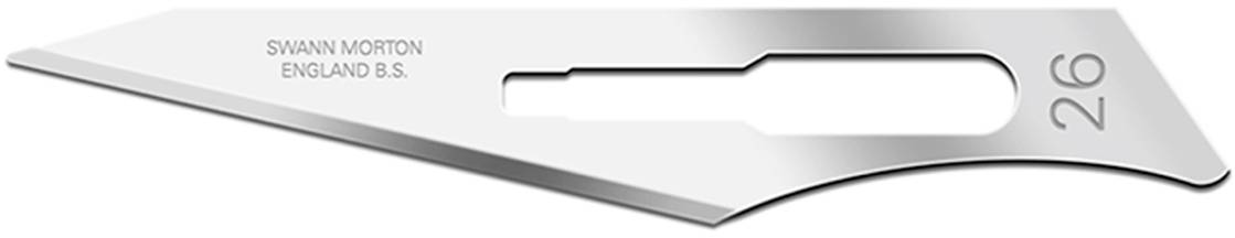 A surgical metal scalpel blade with the inscription 'Swann Morton England B.S.' and number 26.