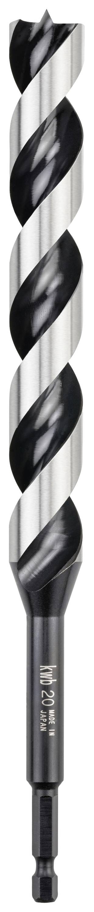 Black and silver spiral drill bit with hexagonal shank, suitable for wood drilling applications.