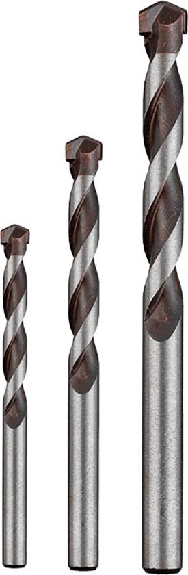 Three drills in different sizes: small, medium, large. Manufactured from metal with a spiral design, suitable for drilling.