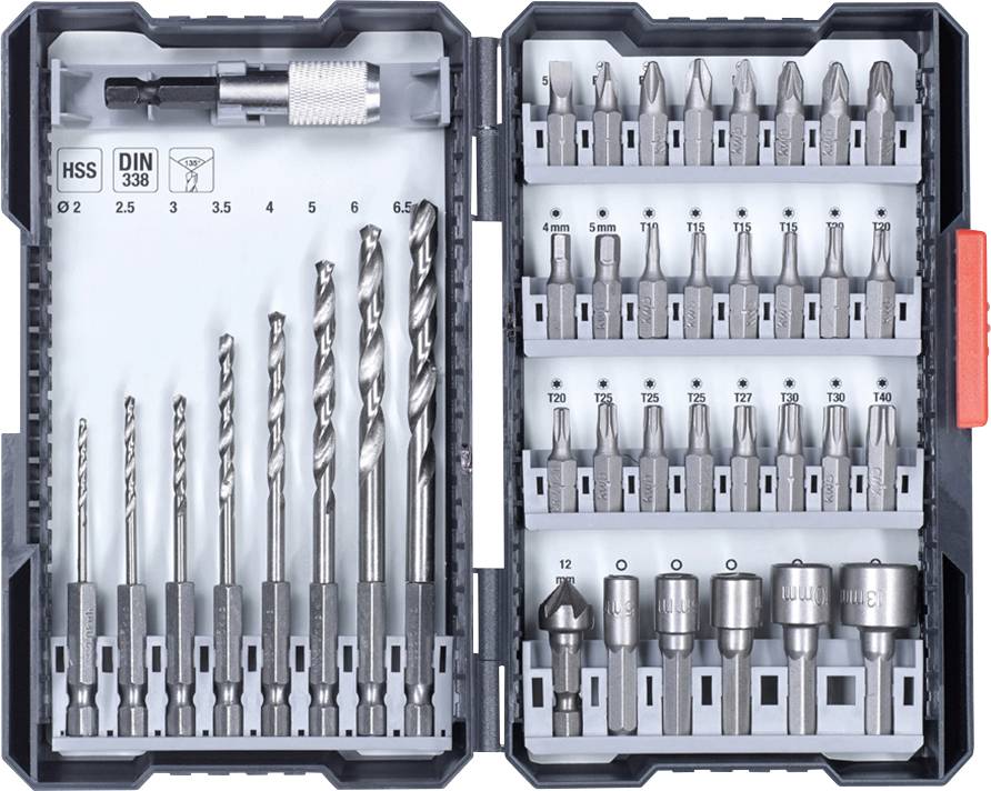 Drill and Bit Set in open box. On the left, various drill bit sizes from 2 to 6.5 mm, on the right, assorted bits and sockets.