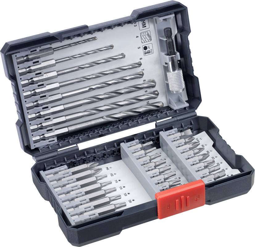 Open box with various drill and screwdriver bits, sorted in compartments. Ideal for versatile applications in manual and DIY work.