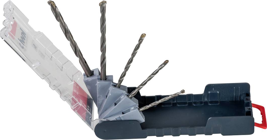 Drill bit set in an opened plastic box, displaying five different drill bit sizes.