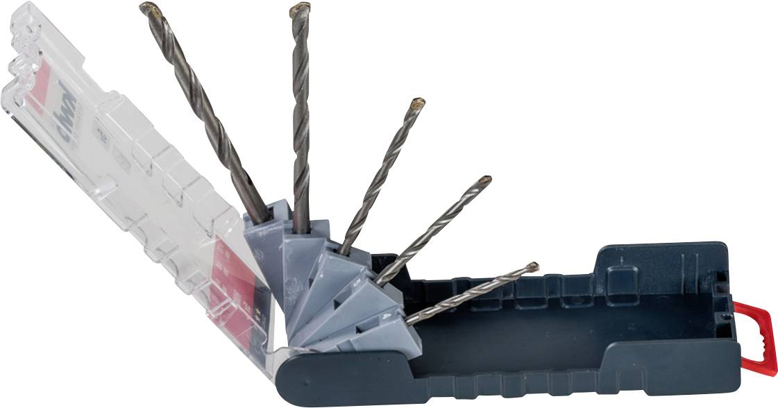 Open plastic packaging with SDS+ drill bits arranged in a fan layout.