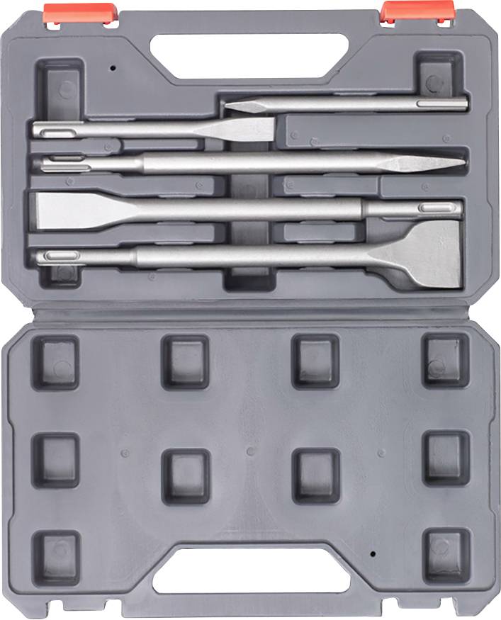 Grey tool case with multiple inserted chisels. The lid is open, revealing the chisels in their compartments.
