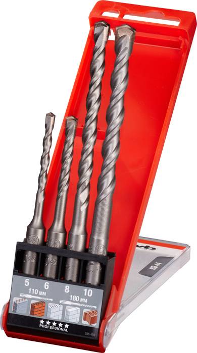 Four masonry drill bits in various sizes (5, 6, 8, 10 mm) in a red holder. Suitable for concrete and stone.