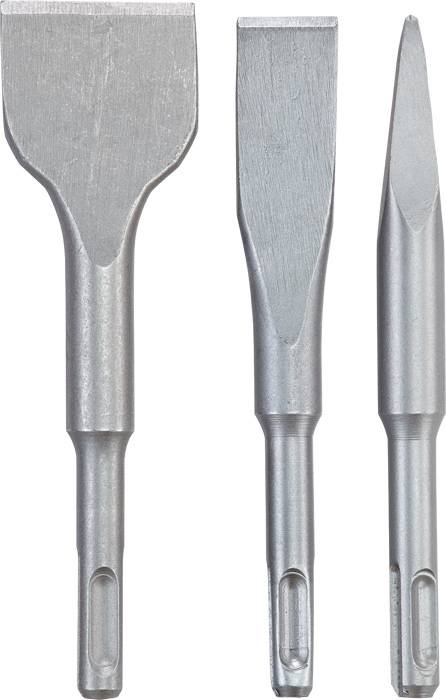 Three different metal chisels: a wide flat chisel, a narrow flat chisel, and a pointed chisel. Tools for demolition work.