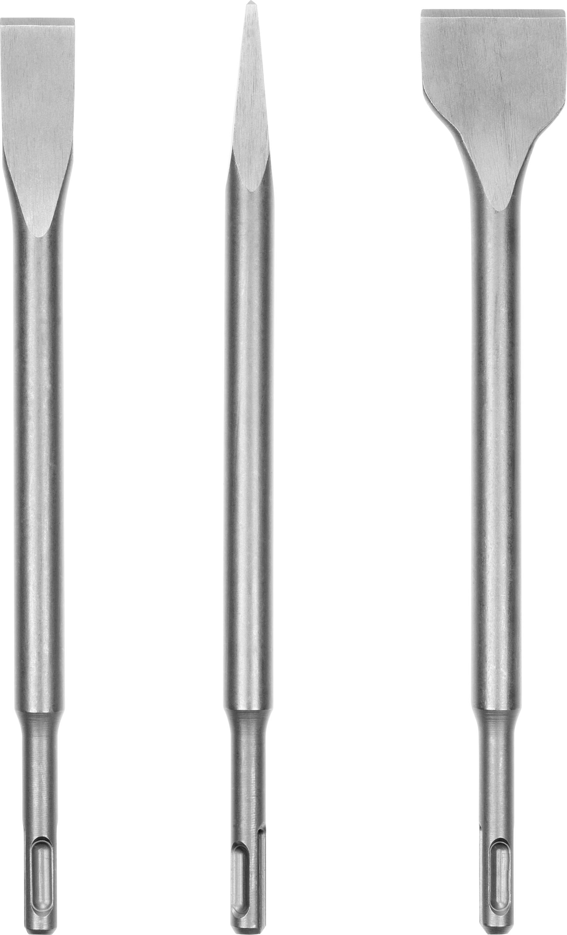 Three metal chisels with different tips: flat, pointed, and wide. Each has a cylindrical handle for use with a power tool.