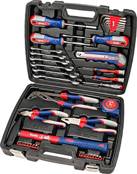 A tool kit with various hand tools such as screwdrivers, spanners, and a craft knife, organised in compartments.