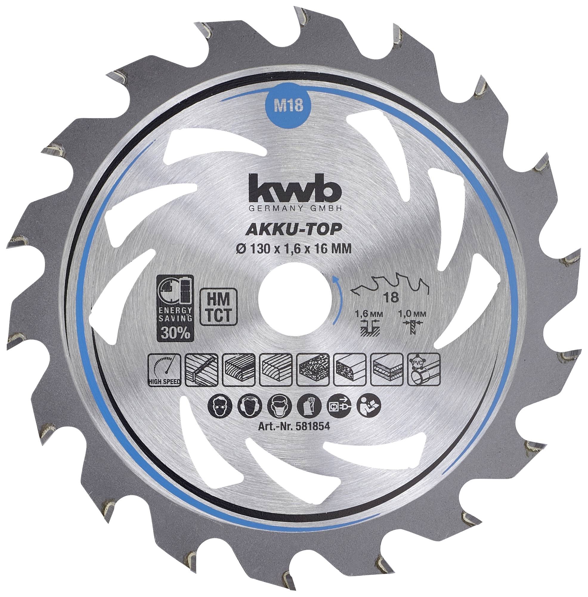 Circular saw blade with the inscriptions 'kwb Germany GmbH', 'AKKU-TOP', size 130 x 1.6 x 16 mm, suitable for wood, metal, plastic.