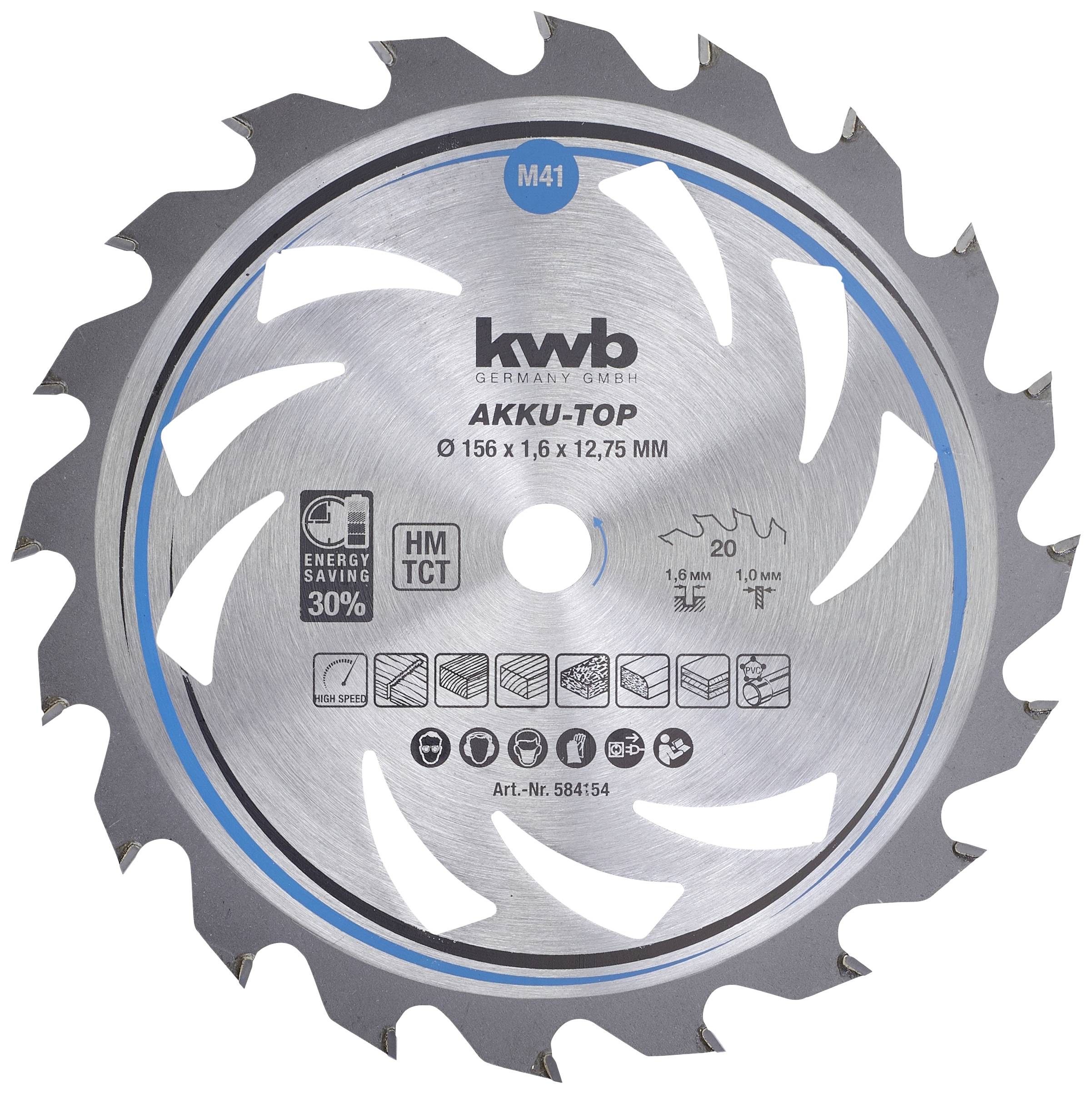 Circular saw blade with 'kwb' inscription, diameter 156 mm. Suitable for wood. Note: 30% more energy efficient.