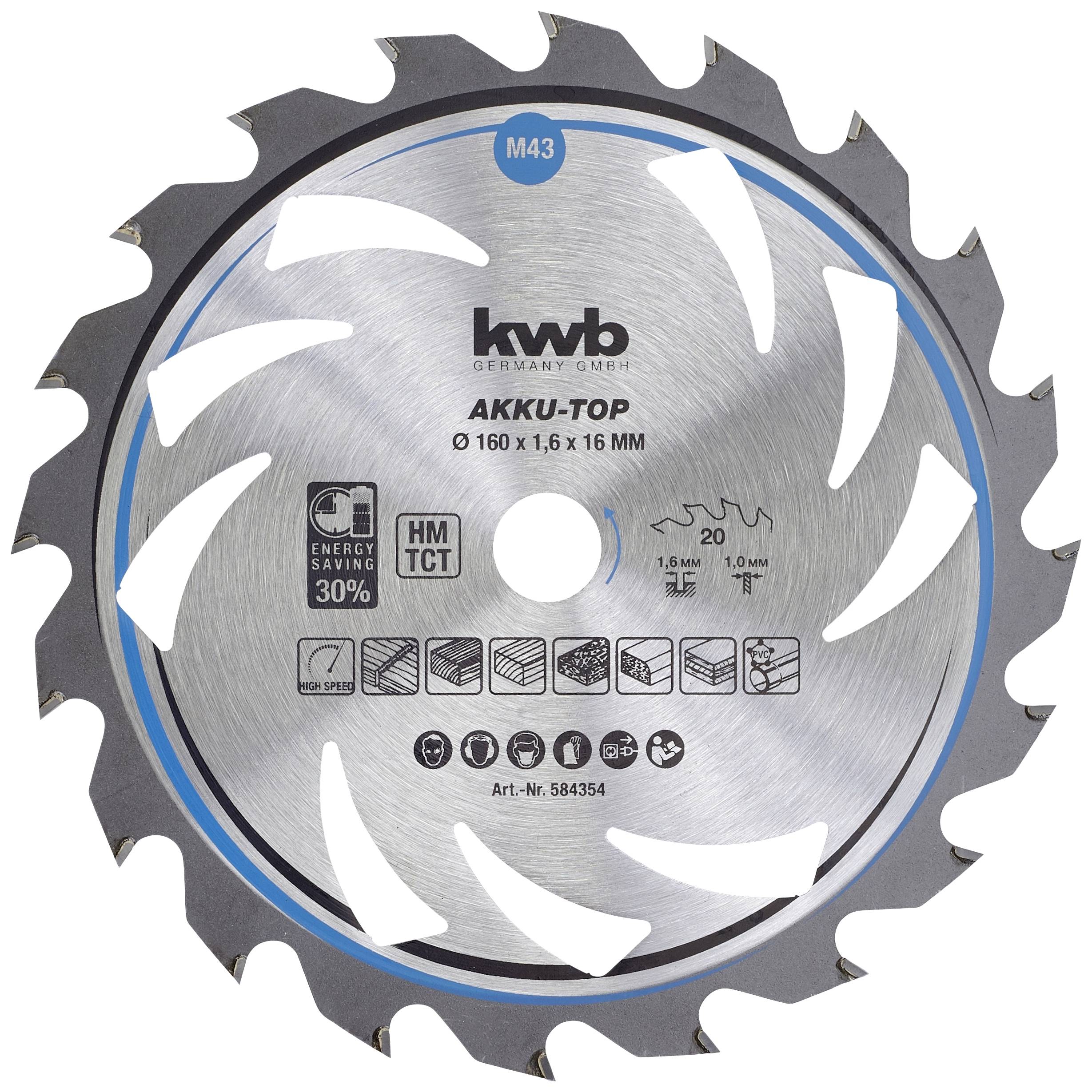 Circular saw blade with 20 teeth for cordless saws, Ø 160 mm, for wood, HM TCT coating, 30% energy saving, Manufacturer: KWB.