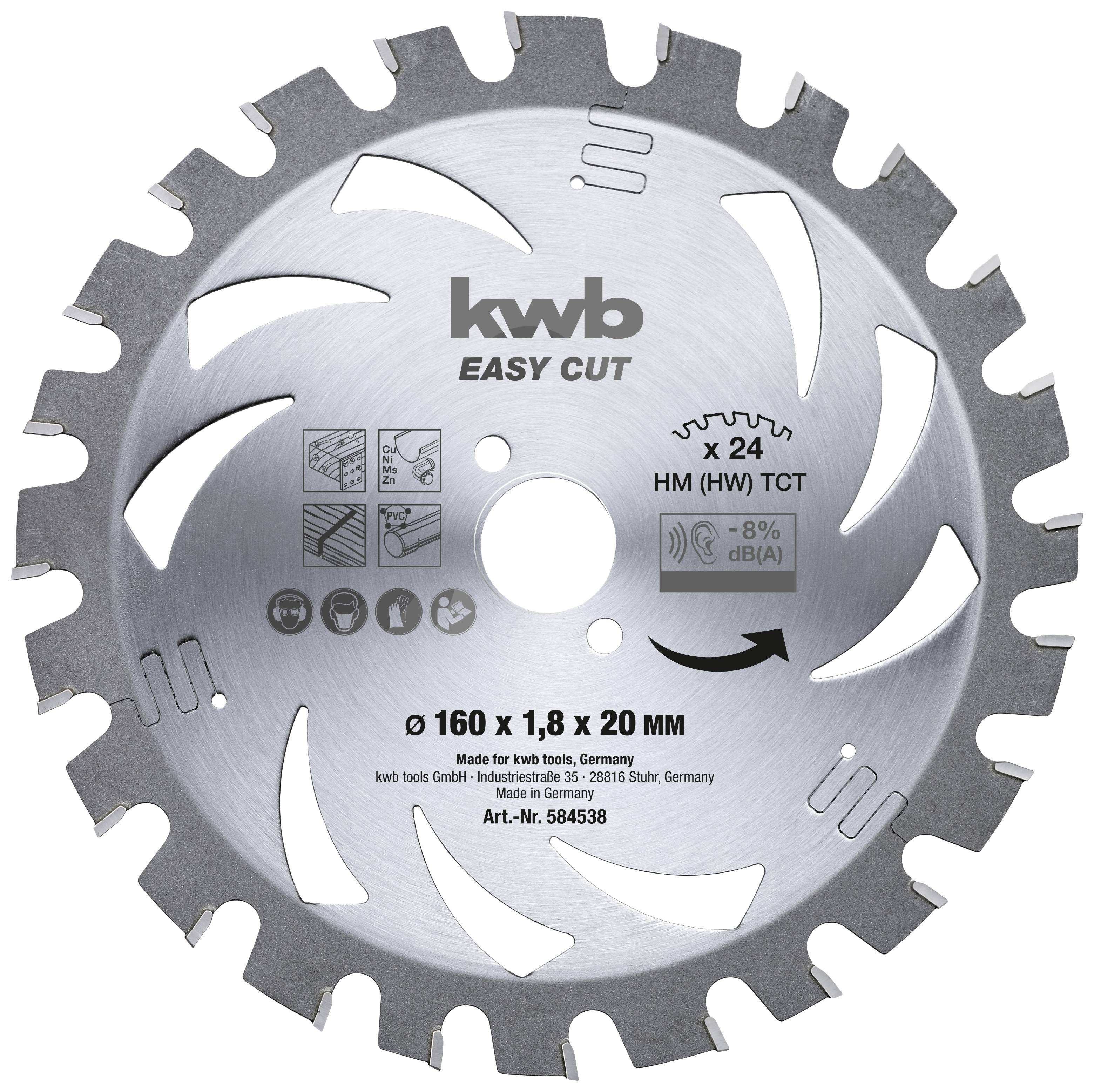 Metal saw blade with inscription 'kwb EASY CUT', 24 teeth. Suitable for wood and aluminium, diameter 160 mm, bore 20 mm.