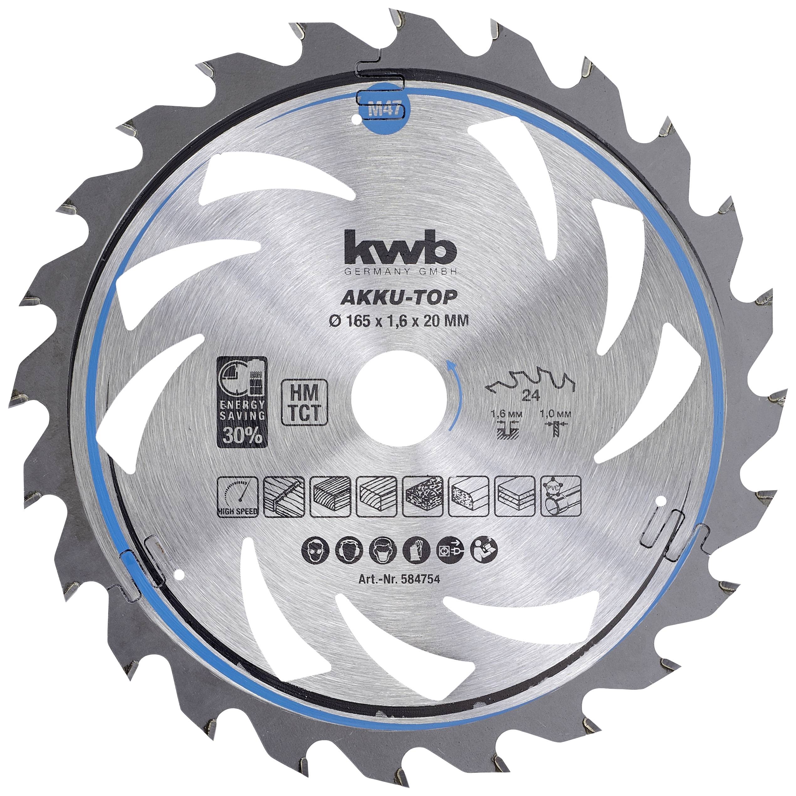 Metal circular saw blade with a blue ring. Brand name and product details are printed on the surface, including size: 165 x 1.6 x 20 mm.