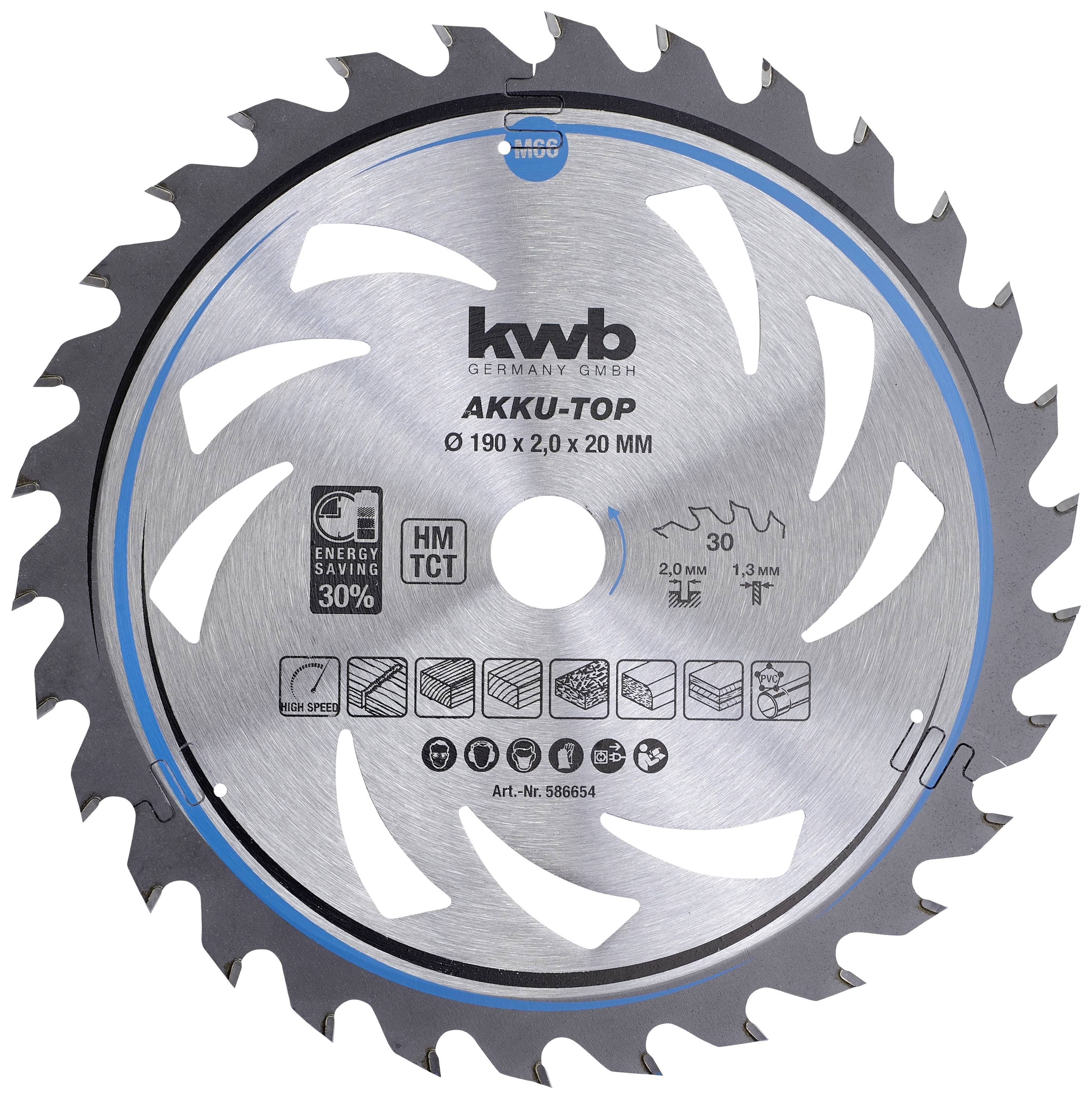 Circular KWB battery-top saw blade with 30 sharp teeth, suitable for precise cuts. Diameter 190 mm, energy saving of 30%.