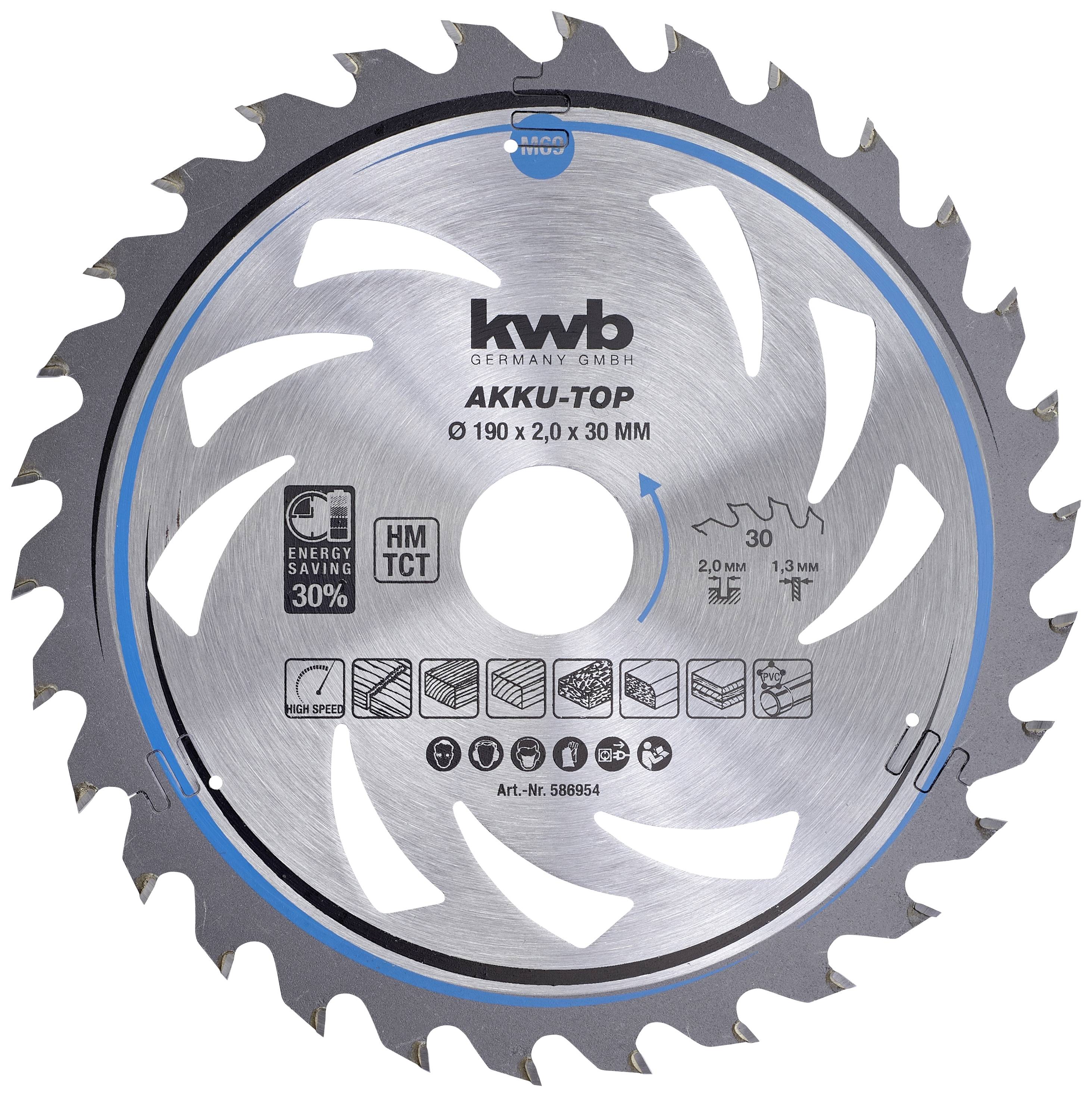 Circular saw blade, 'kwb', 190 x 2.0 x 30 mm, 30 teeth, energy saving 30%, HM-TCT technology, for battery-powered tools, silver-coloured.