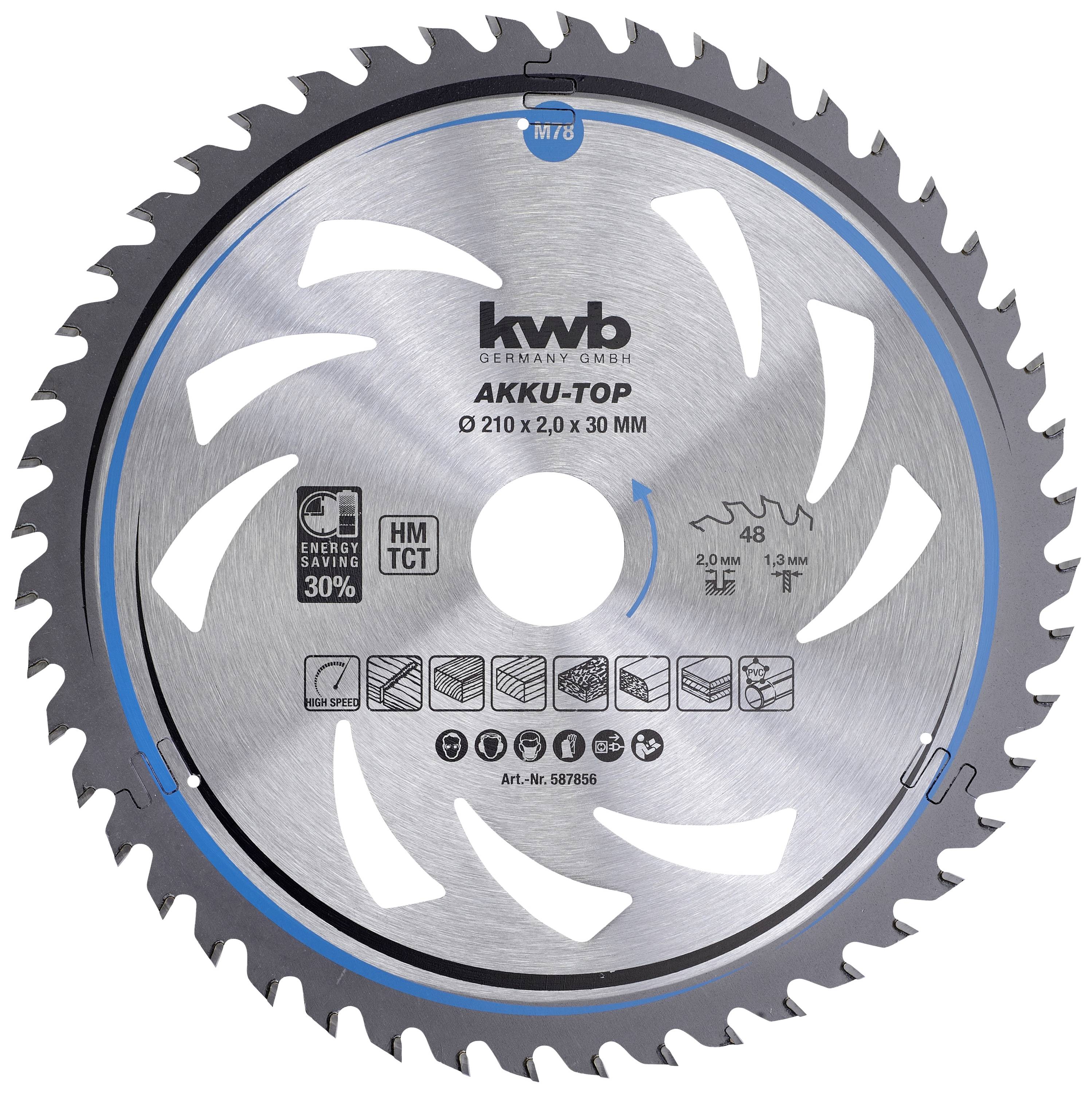 Circular Saw Blade 'KWB AKKU-TOP', Diameter 210 mm, 48 Teeth, Suitable for Wood, Energy-Efficient, Blue-Silver with Needle Engraving.