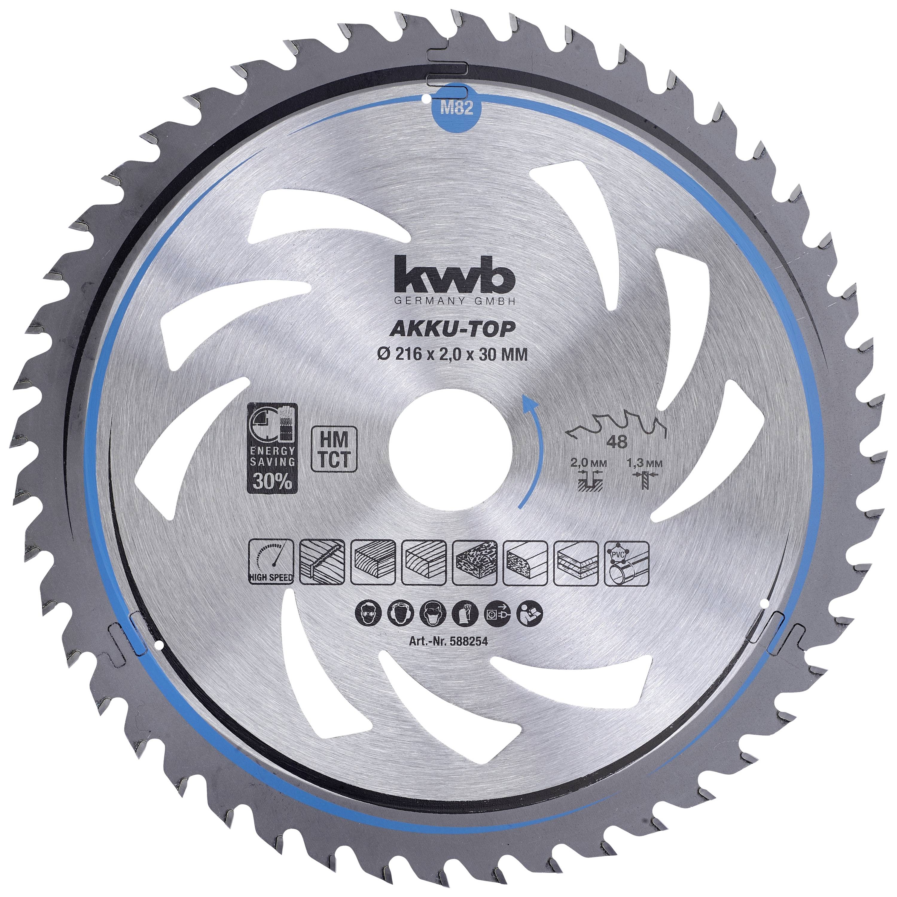 Saw blade by kwb brand, AKKU-TOP model, diameter 216 mm, energy saving 30%, suitable for wood and other materials.