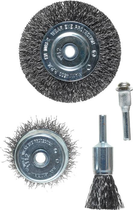 Wire brush attachments in various shapes and sizes, suitable for cleaning and grinding work.