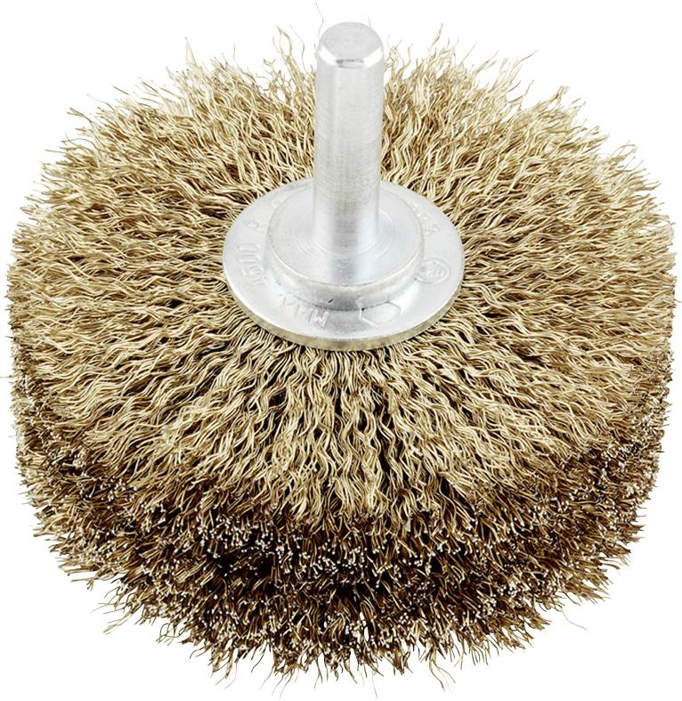 Round metal brush with dense, wavy bristles and a central shaft for attachment, used for cleaning or grinding work.