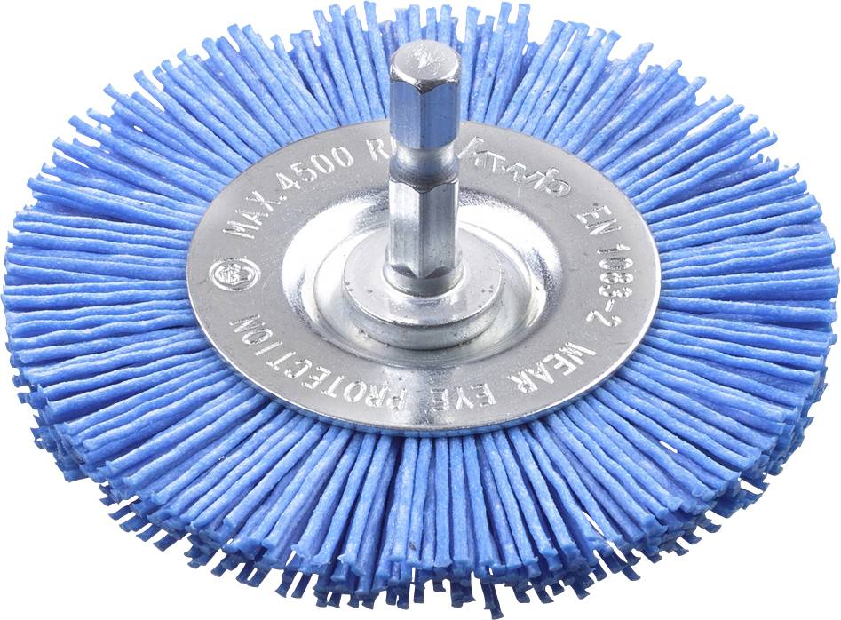 Round brush with blue plastic bristles and metal shaft. Suitable for cleaning and surface treatment.