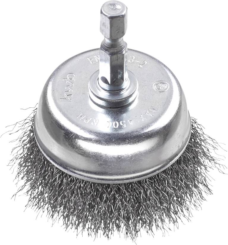 Round wire brush with metal bristles, suitable for surface cleaning. Includes a hexagonal shank for power drills.