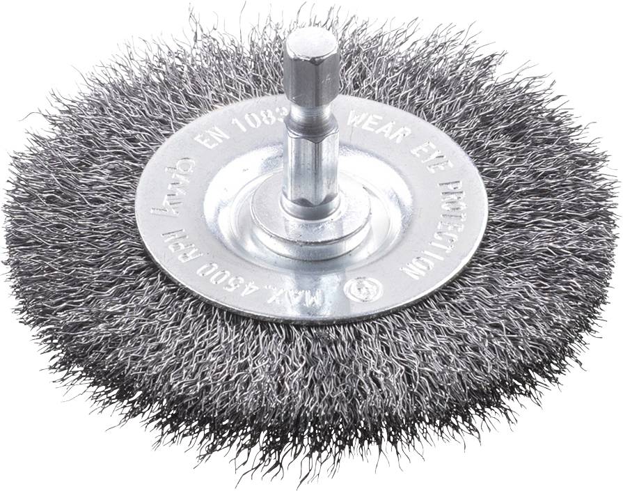 Round wire brush with metal bristles and central fixing, suitable for use in drills for cleaning or removing rust.