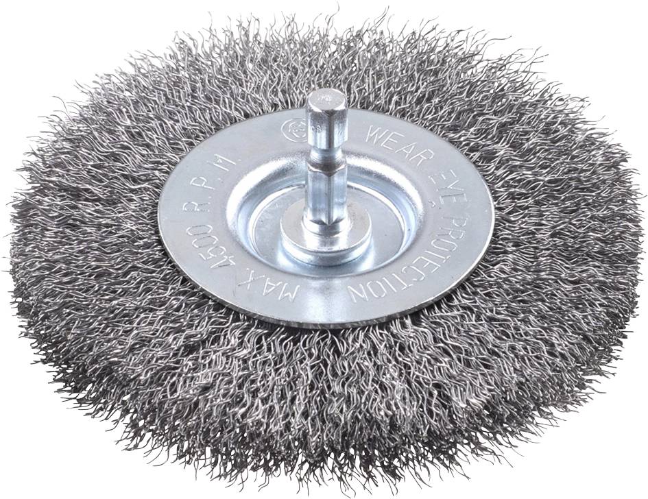 A round wire brush with metal bristles and a central fixing pin, used for abrasive or cleaning tasks.